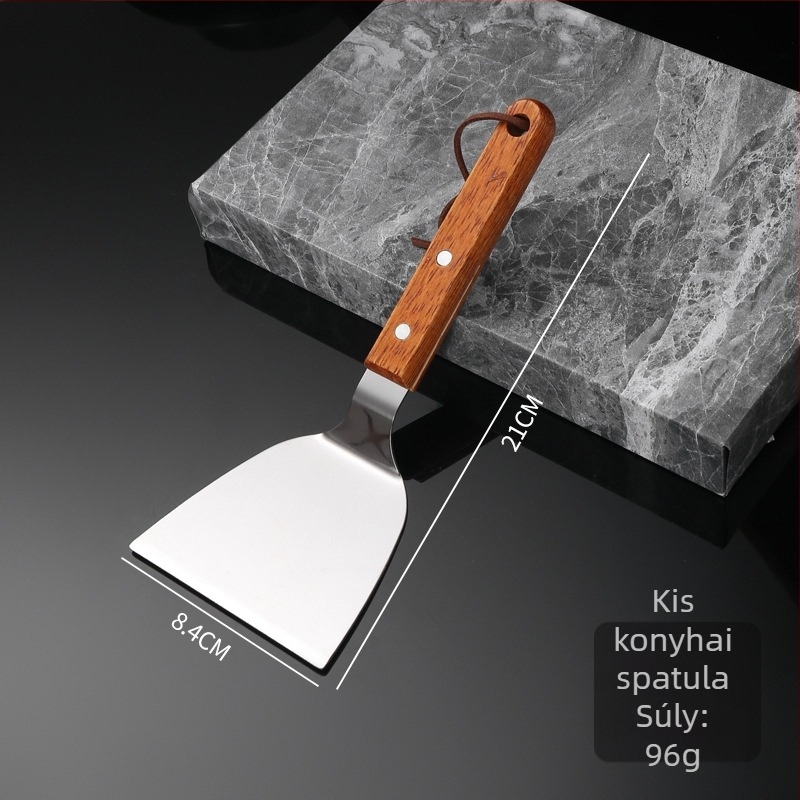 Rozsdamentes acél teppanyaki spatula tömörfa markolatával, vastag sík pengével — tapadásmentes, hőálló, csúszásmentes, ideális palacsintához és pizzához