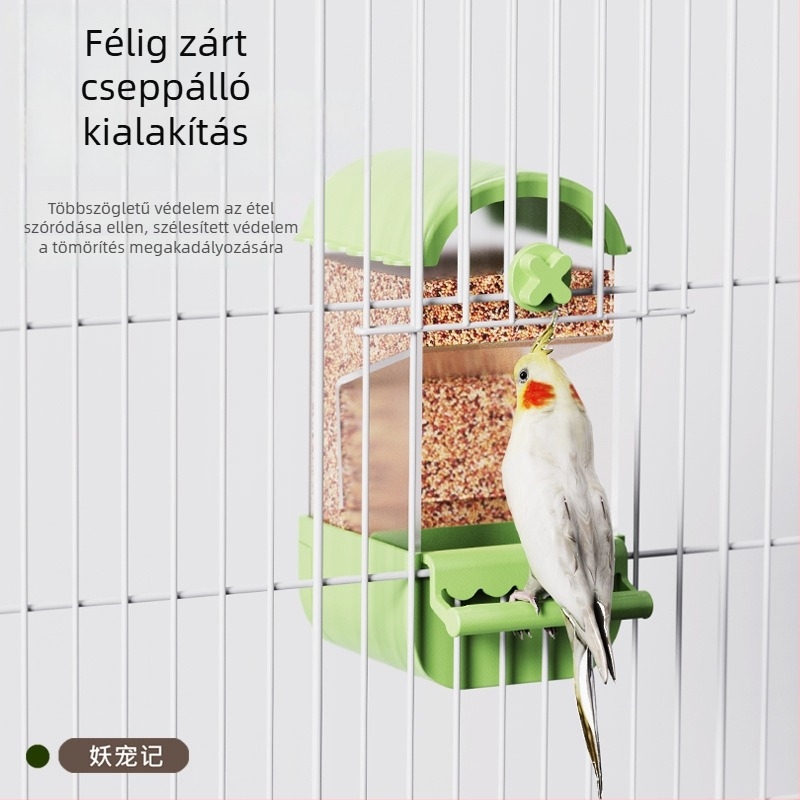 Papagájok automata etetője — anti-szóródó és anti-csepegés dizájn, műanyag test; Demon Pet; alkalmas tigris bőrmintázathoz; licencelt magáncímke: Igen