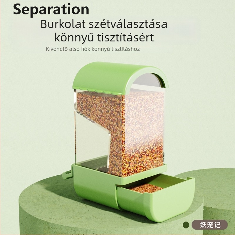 Papagájok automata etetője — anti-szóródó és anti-csepegés dizájn, műanyag test; Demon Pet; alkalmas tigris bőrmintázathoz; licencelt magáncímke: Igen