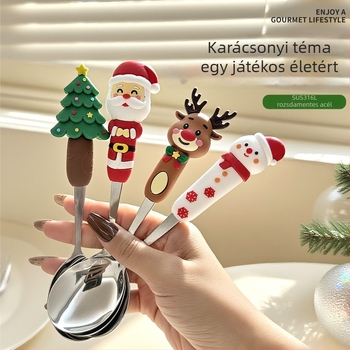 316L rozsdamentes acél karácsonyi kanál- és villa készlet Mikulás és rénszarvas figurákkal, friss aranyos stílus, tükörfényes polírozás, gyümölcs és desszert használatra, testreszabható, 2024-es bevezetés