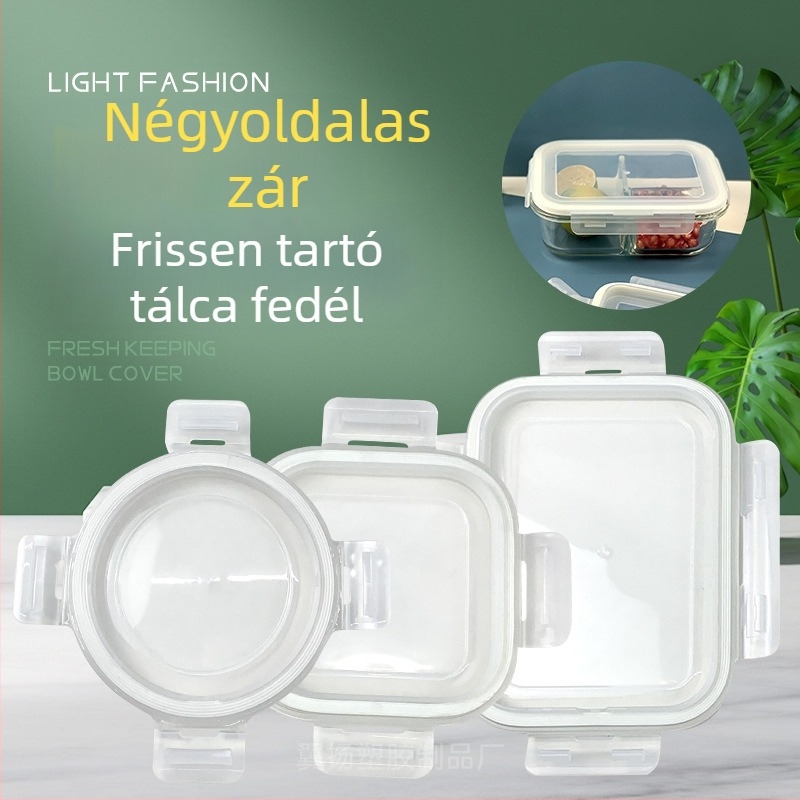 Wing Lift üveg ebédes doboz tető – kör-, négyszög- vagy téglalap alakú edényekhez; négyoldalas zárással záródó tömítés; élelmiszerbiztos műanyag