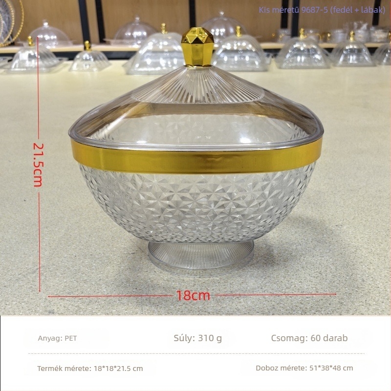 Műanyag gyümölcstál fedővel és lábakkal, csepegtető tál a nappaliba, klasszikus stílus, könnyed lux retro, prémium