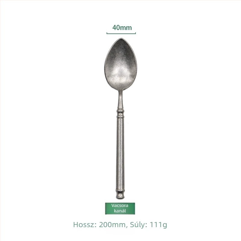 304 rozsdamentes acélból készült, retro kopott dizájnú étkészlet, négy darab: kés, villa, kanál és torta villa; kézműves, testreszabható