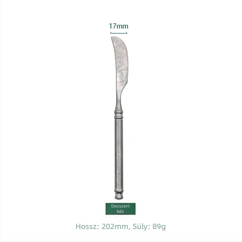 304 rozsdamentes acélból készült, retro kopott dizájnú étkészlet, négy darab: kés, villa, kanál és torta villa; kézműves, testreszabható