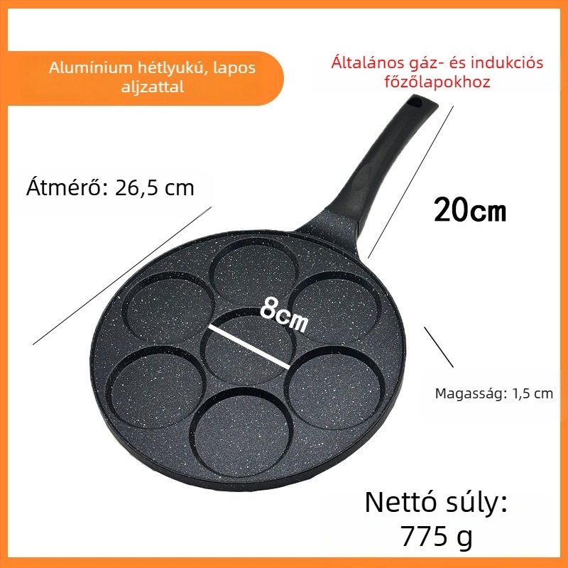 Hetes lyukú reggeli omlett serpenyő, tapadásmentes bevonat, alumínium ötvözet, lapos alj, mélység 1,5 cm