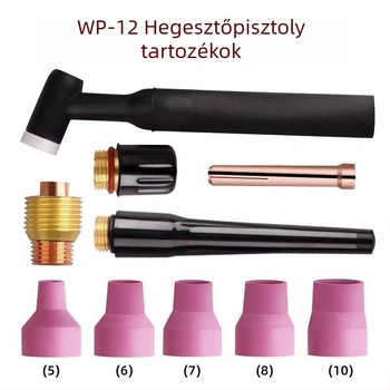 WP-12 vízhűtéses argon ívhegesztő pisztoly kiegészítői: áramlásvezető, kerámia fúvóka, wolfram-elektróda tartó, hosszú pisztolyfej, rövid pisztolyvége, pisztoly vége tömítés