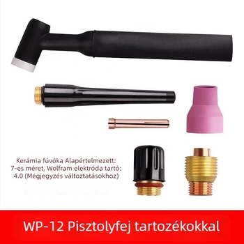 WP-12 vízhűtéses argon ívhegesztő pisztoly kiegészítői: áramlásvezető, kerámia fúvóka, wolfram-elektróda tartó, hosszú pisztolyfej, rövid pisztolyvége, pisztoly vége tömítés