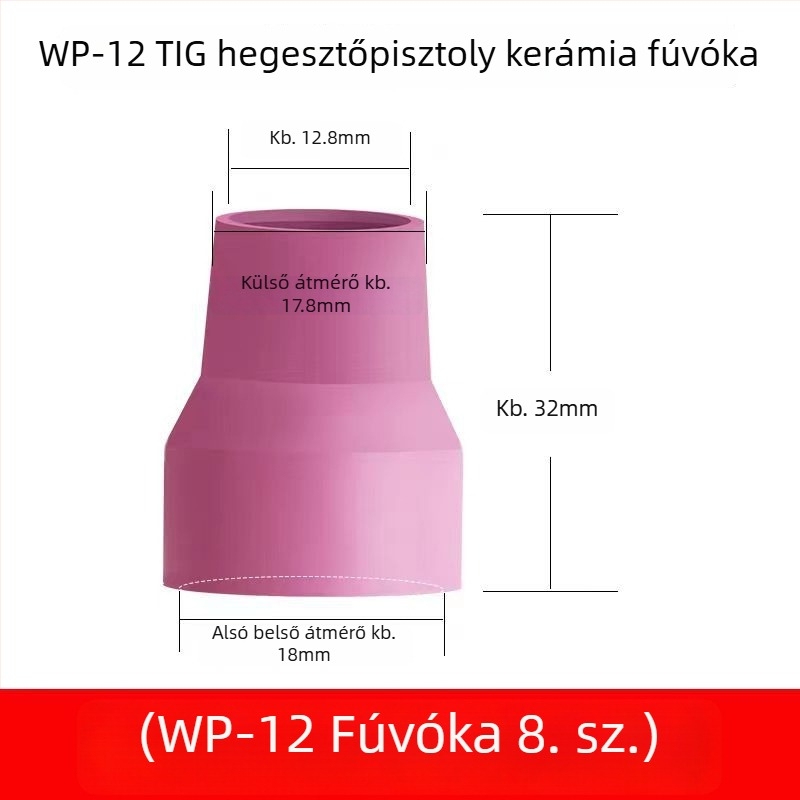 WP-12 vízhűtéses argon ívhegesztő pisztoly kiegészítői: áramlásvezető, kerámia fúvóka, wolfram-elektróda tartó, hosszú pisztolyfej, rövid pisztolyvége, pisztoly vége tömítés