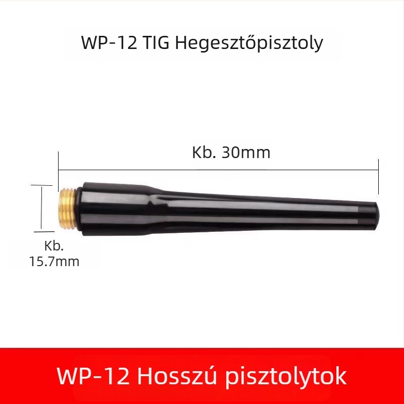 WP-12 vízhűtéses argon ívhegesztő pisztoly kiegészítői: áramlásvezető, kerámia fúvóka, wolfram-elektróda tartó, hosszú pisztolyfej, rövid pisztolyvége, pisztoly vége tömítés