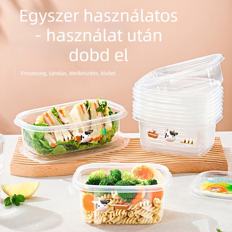 Egyszer használatos ebédes doboz fedővel, mikrohullámú sütőben használható, magas hőállóság, frissesség megőrzése, élelmiszer-minőségű műanyag.