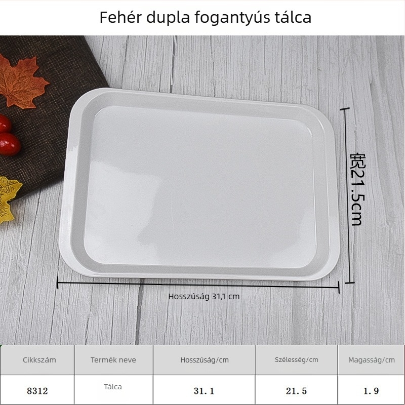 Melamin téglalap alakú tálca mázas felülettel, nyomtatott logóval és testreszabási lehetőséggel.