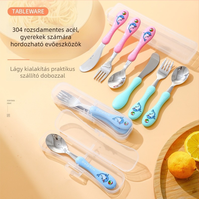 Gyerekeknek szánt konyhai kés-villa-kanál készlet, 304 rozsdamentes acélból, tükörfényes felület, rajzfilm minta