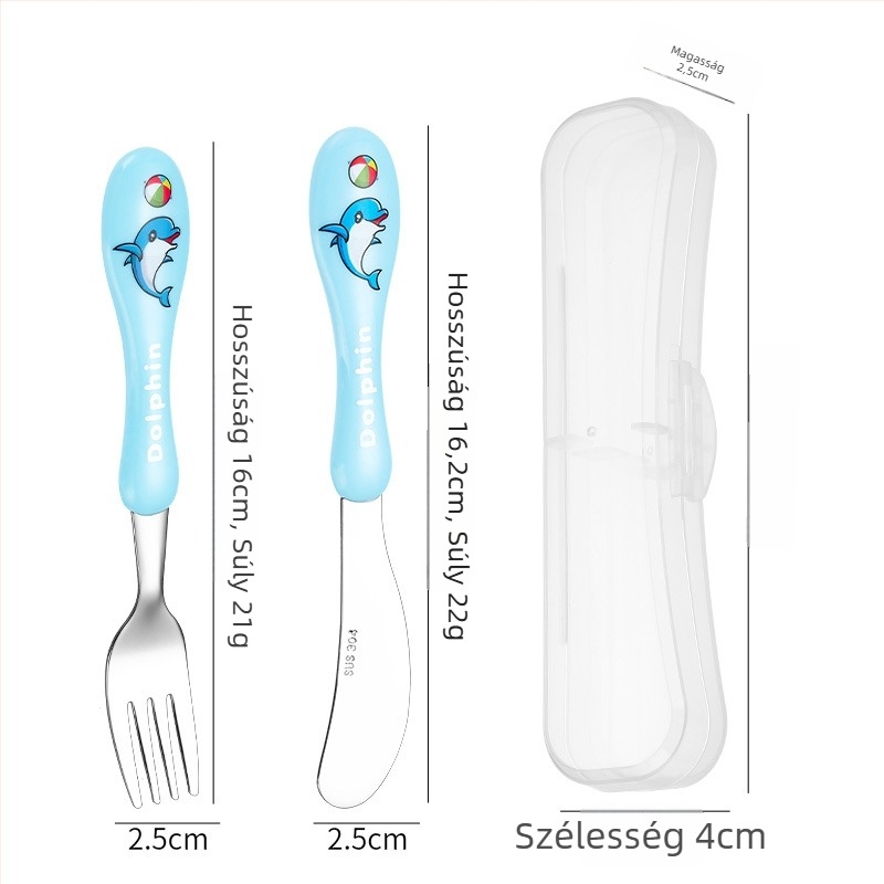 Gyerekeknek szánt konyhai kés-villa-kanál készlet, 304 rozsdamentes acélból, tükörfényes felület, rajzfilm minta