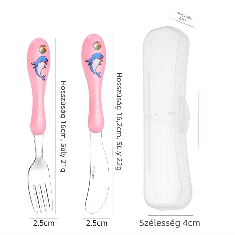 Gyerekeknek szánt konyhai kés-villa-kanál készlet, 304 rozsdamentes acélból, tükörfényes felület, rajzfilm minta