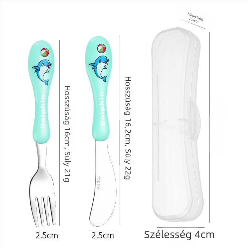 Gyerekeknek szánt konyhai kés-villa-kanál készlet, 304 rozsdamentes acélból, tükörfényes felület, rajzfilm minta