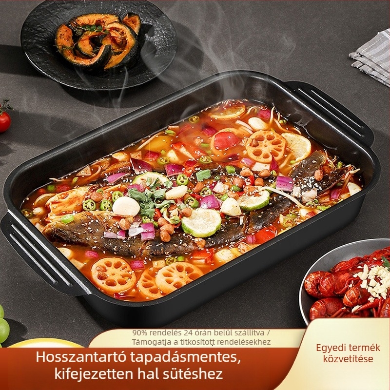 Szénacél grill-hal tálca kerámia kristály bevonattal, négyszögletes, multifunkcionális, első osztályú minőség