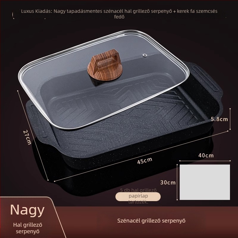 Szénacél grill-hal tálca kerámia kristály bevonattal, négyszögletes, multifunkcionális, első osztályú minőség