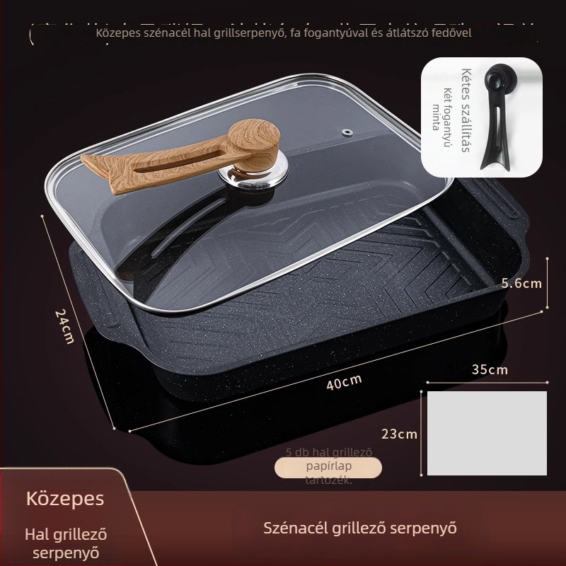 Szénacél grill-hal tálca kerámia kristály bevonattal, négyszögletes, multifunkcionális, első osztályú minőség