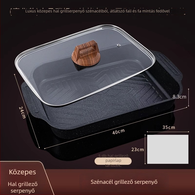 Szénacél grill-hal tálca kerámia kristály bevonattal, négyszögletes, multifunkcionális, első osztályú minőség