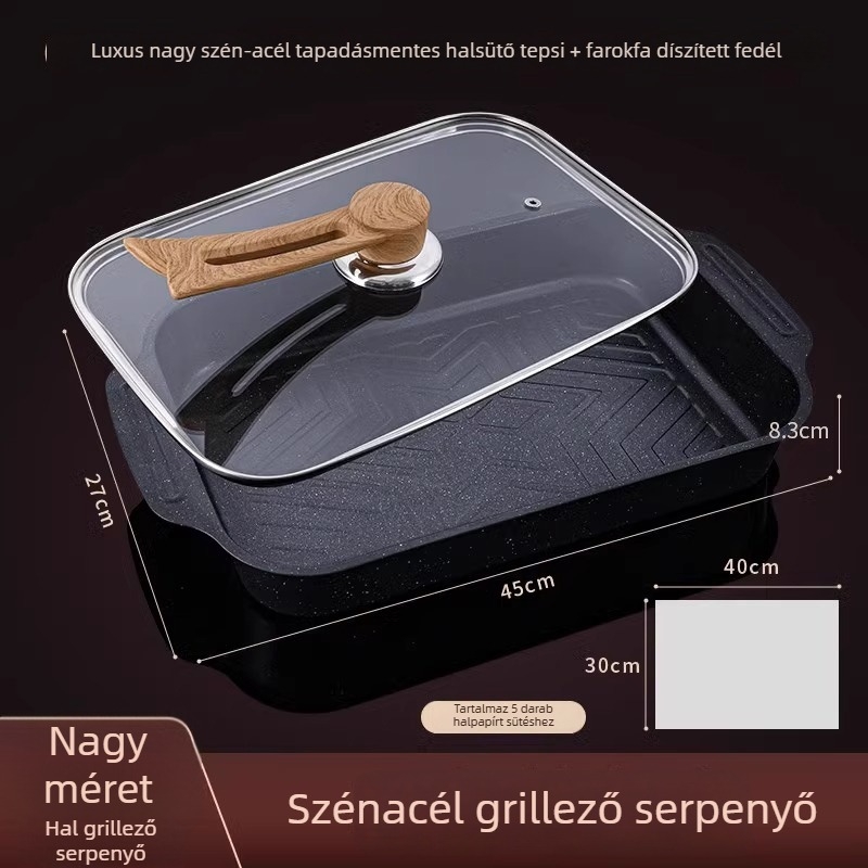 Szénacél grill-hal tálca kerámia kristály bevonattal, négyszögletes, multifunkcionális, első osztályú minőség