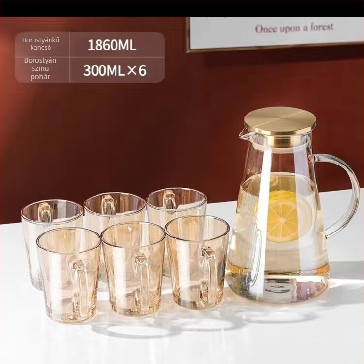 Üveg víz készlet poharakkal, európai stílus, hőálló, hideg vízhez és cold brew-hoz, ajándékdobozban – Jingyue