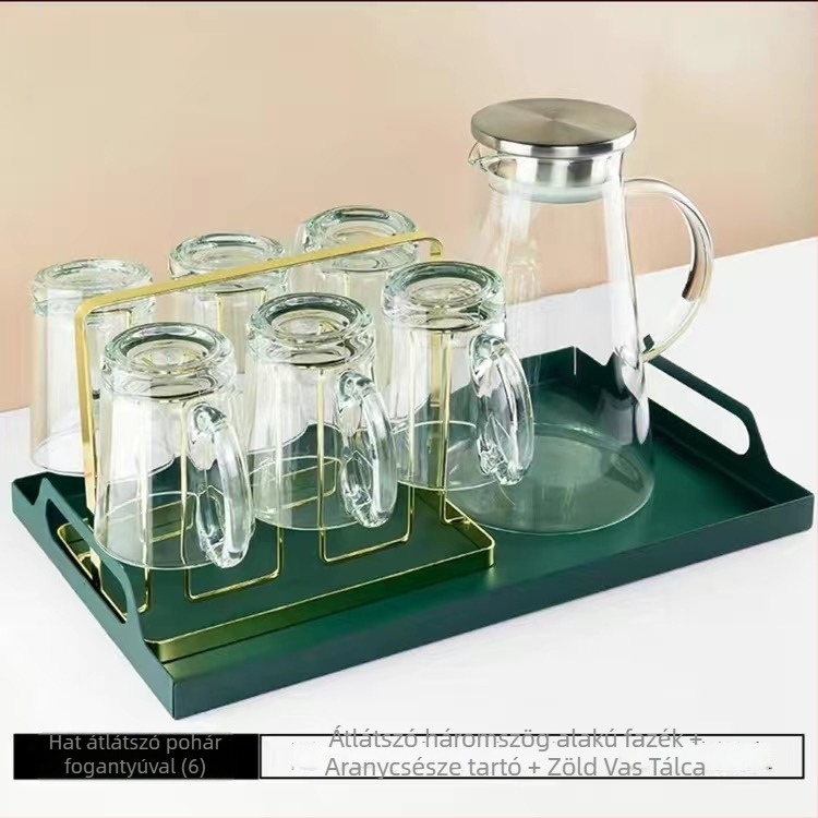 Üveg víz készlet poharakkal, európai stílus, hőálló, hideg vízhez és cold brew-hoz, ajándékdobozban – Jingyue