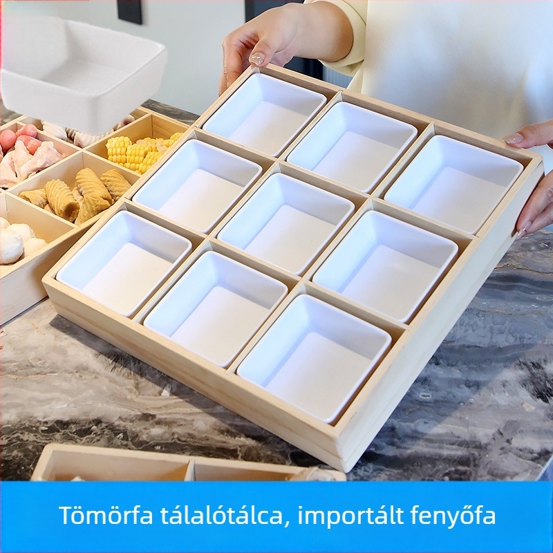 Tömörfából készült kilenc rekeszes tálalótál háztartási használatra
