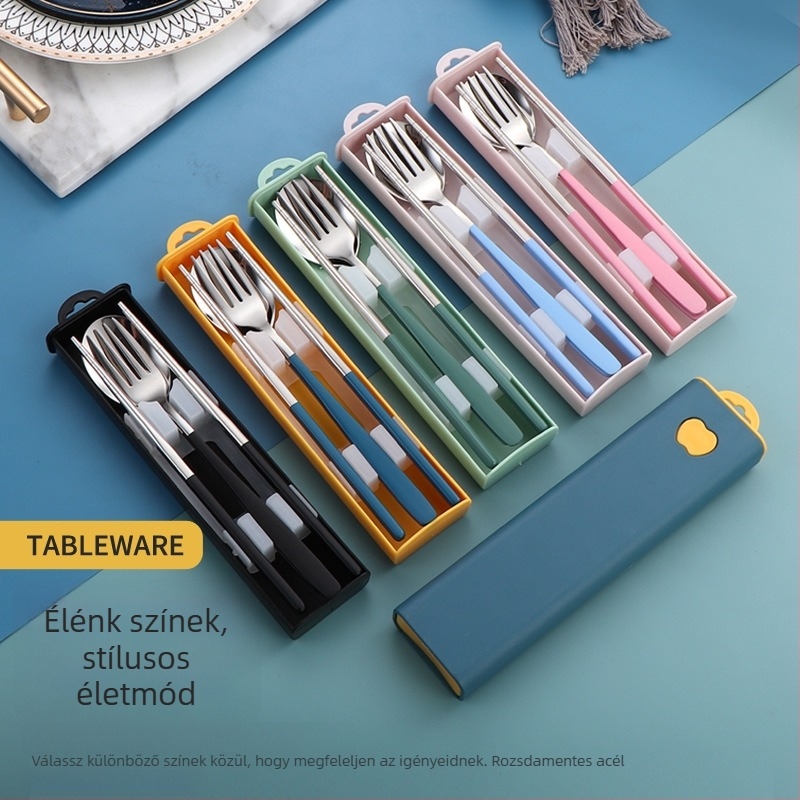 Hordozható 304 rozsdamentes acél Koreai-stílusú kanál, villa és evőpálcikák három darabos készlet kültéri használatra