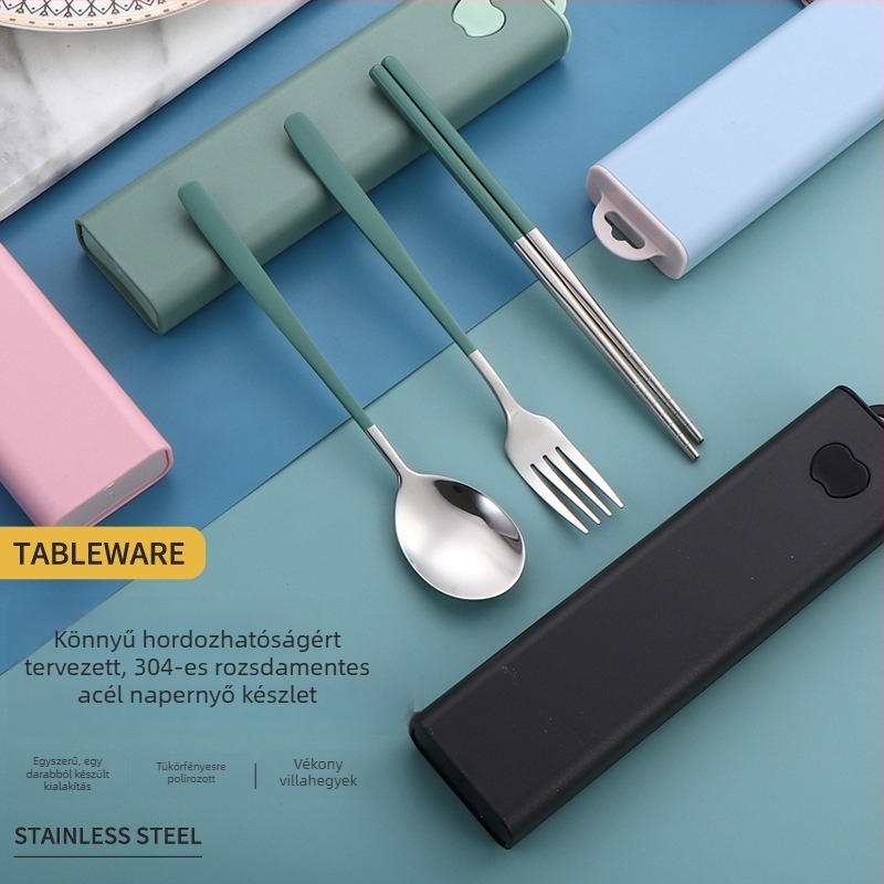 Hordozható 304 rozsdamentes acél Koreai-stílusú kanál, villa és evőpálcikák három darabos készlet kültéri használatra
