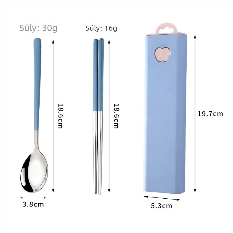 Hordozható 304 rozsdamentes acél Koreai-stílusú kanál, villa és evőpálcikák három darabos készlet kültéri használatra