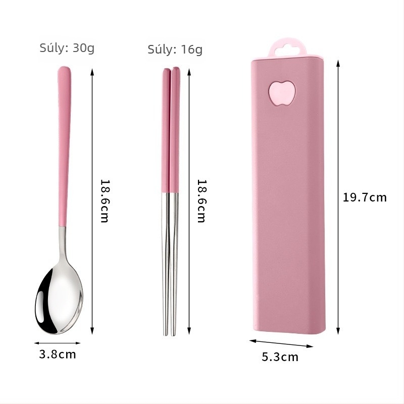 Hordozható 304 rozsdamentes acél Koreai-stílusú kanál, villa és evőpálcikák három darabos készlet kültéri használatra