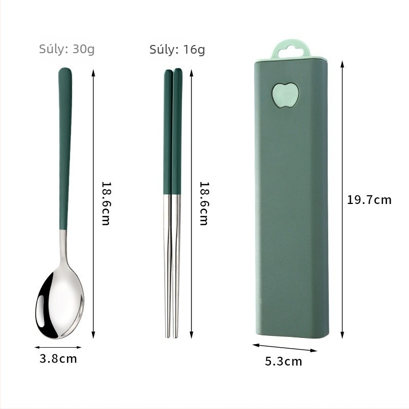 Hordozható 304 rozsdamentes acél Koreai-stílusú kanál, villa és evőpálcikák három darabos készlet kültéri használatra