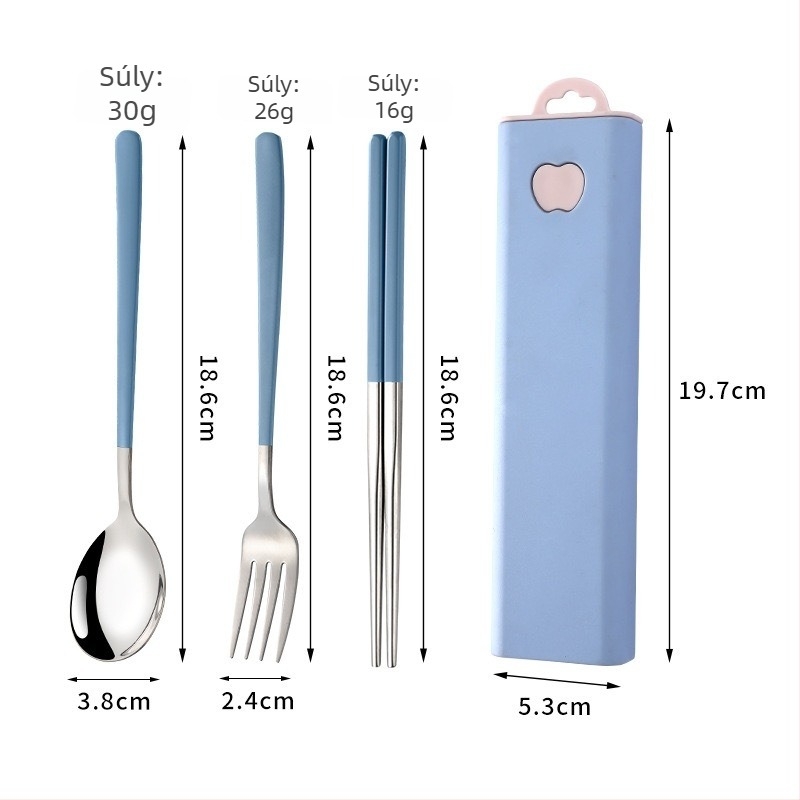 Hordozható 304 rozsdamentes acél Koreai-stílusú kanál, villa és evőpálcikák három darabos készlet kültéri használatra
