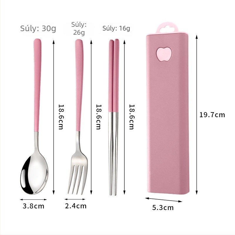 Hordozható 304 rozsdamentes acél Koreai-stílusú kanál, villa és evőpálcikák három darabos készlet kültéri használatra