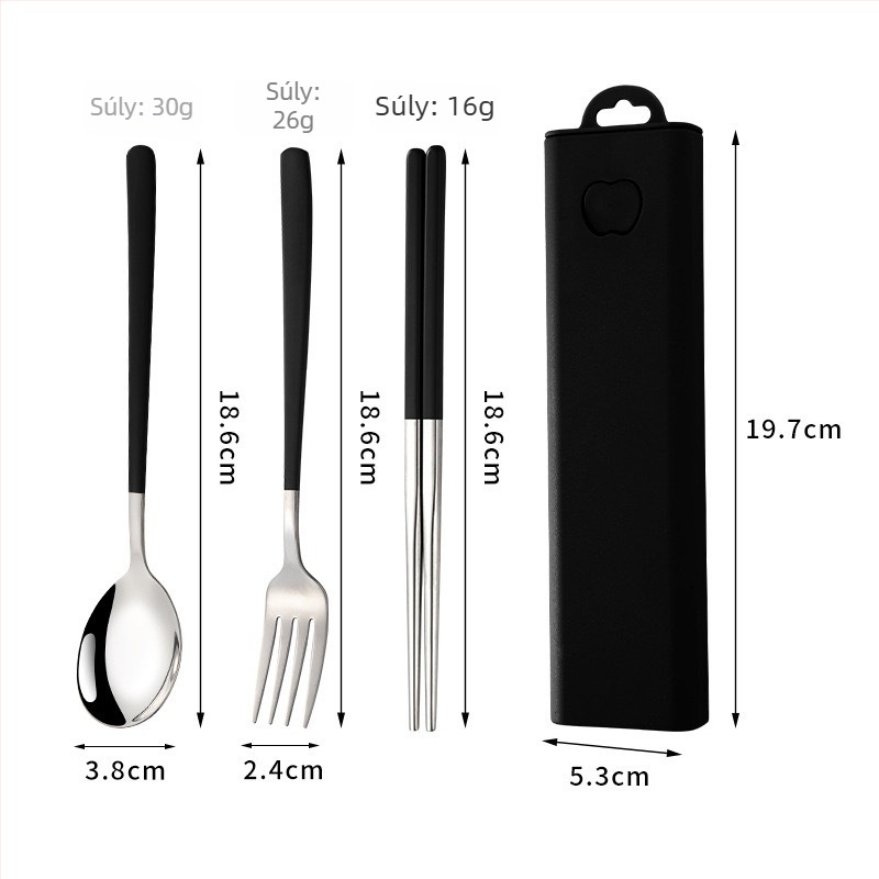 Hordozható 304 rozsdamentes acél Koreai-stílusú kanál, villa és evőpálcikák három darabos készlet kültéri használatra
