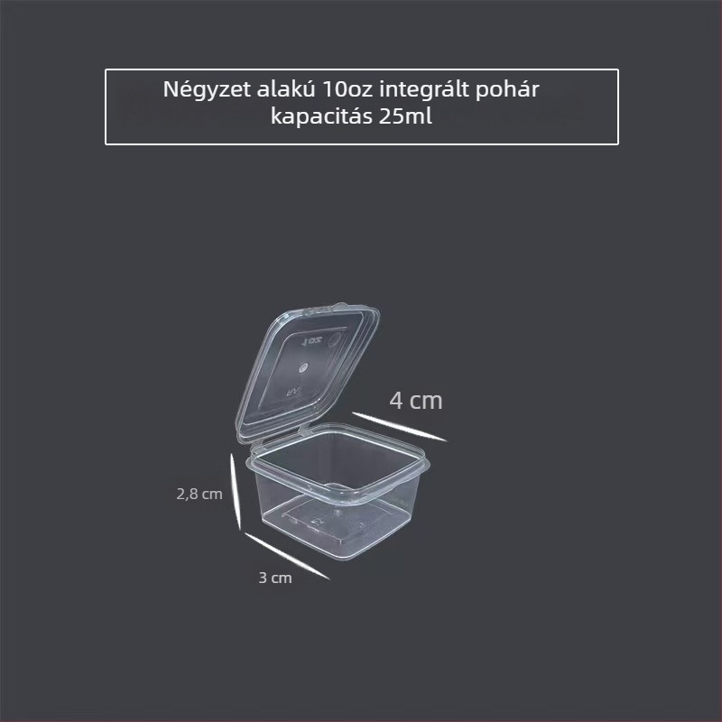 Egyszer használható, négyzet alakú mártásos doboz, műanyag, 50 db/csomag, biológiailag lebomló, testreszabható, logó silkscreen nyomással