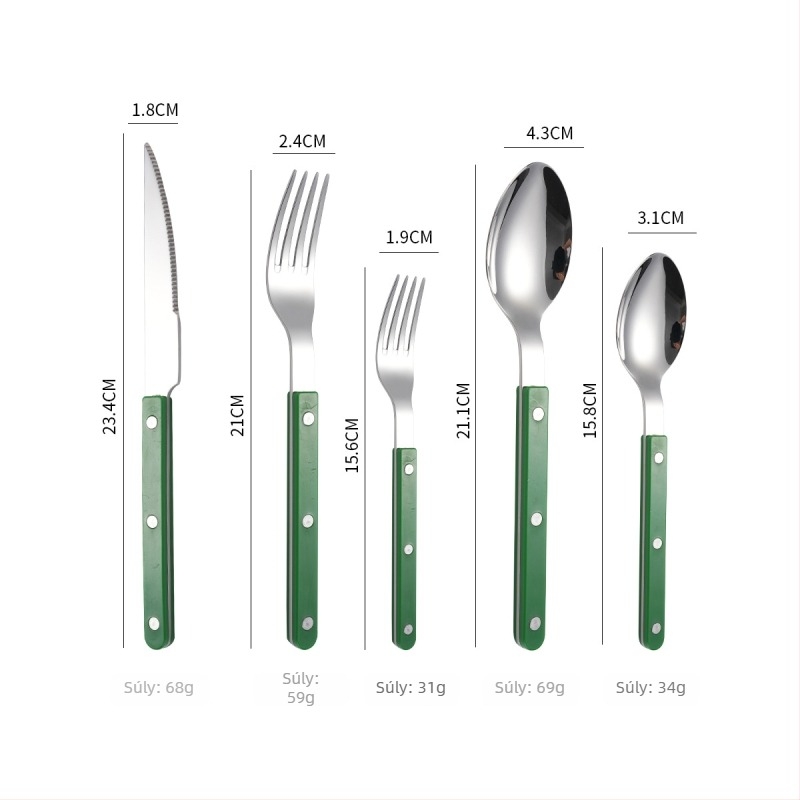 304 rozsdamentes acél evőeszközök készlet: kés, villa és kanál rivetált nyéllel, modern letisztult stílus, tükörfényes felület