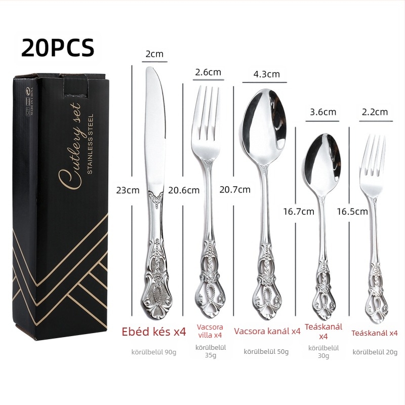 24 részes rozsdamentes acél evőeszköz-készlet: kések, villák és kanalak, 410 rozsdamentes acélból, tükörfényes felület, nordic stílus