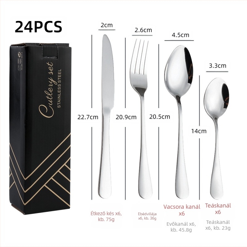 24 részes rozsdamentes acél evőeszköz-készlet: kések, villák és kanalak, 410 rozsdamentes acélból, tükörfényes felület, nordic stílus
