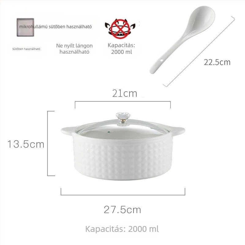 Porcelánból készült leveses tál fedővel, japán stílus, kerek alak, dupla füllel