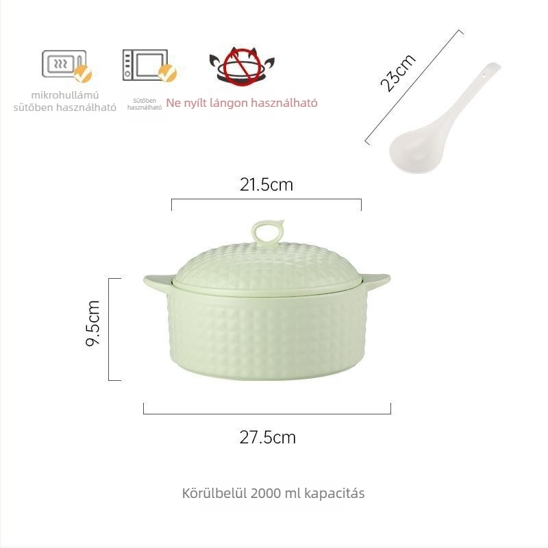 Porcelánból készült leveses tál fedővel, japán stílus, kerek alak, dupla füllel