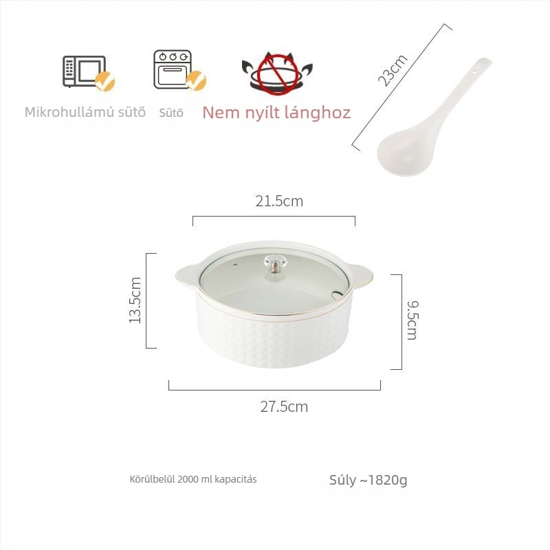 Porcelánból készült leveses tál fedővel, japán stílus, kerek alak, dupla füllel