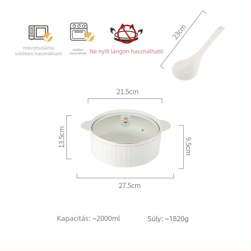 Porcelánból készült leveses tál fedővel, japán stílus, kerek alak, dupla füllel