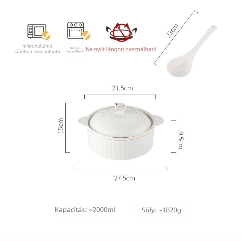 Porcelánból készült leveses tál fedővel, japán stílus, kerek alak, dupla füllel