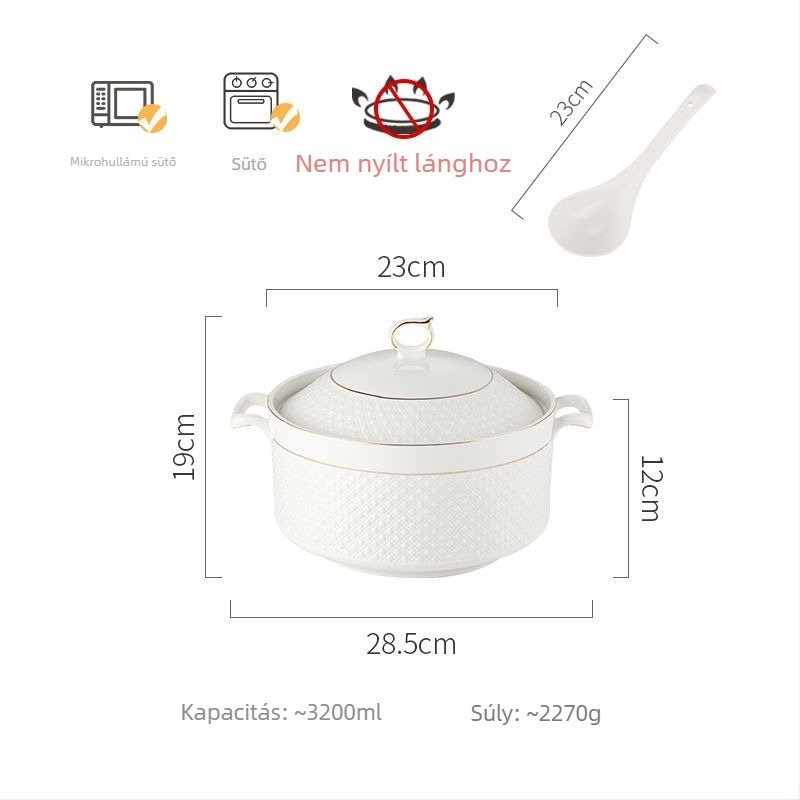 Porcelánból készült leveses tál fedővel, japán stílus, kerek alak, dupla füllel