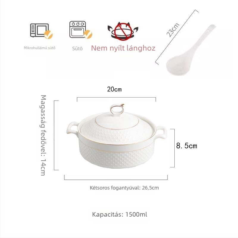 Porcelánból készült leveses tál fedővel, japán stílus, kerek alak, dupla füllel