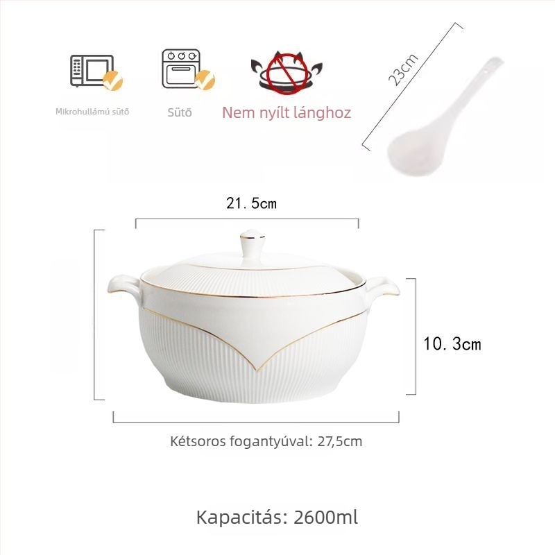 Porcelánból készült leveses tál fedővel, japán stílus, kerek alak, dupla füllel