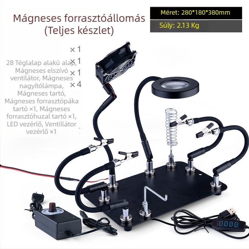 Szakmai szintű forrasztóállomás tartozékokkal, elektromos forrasztó, forraszdrót, nagyító, asztali lámpa, füstelszívó ventilátor, mágneses javító készlet