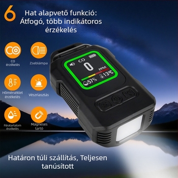 Hordozható gázdetektor digitális kijelzővel – Négy az egyben: CO, CO2, hőmérséklet és páratartalom, riasztás, mágneses rögzítés