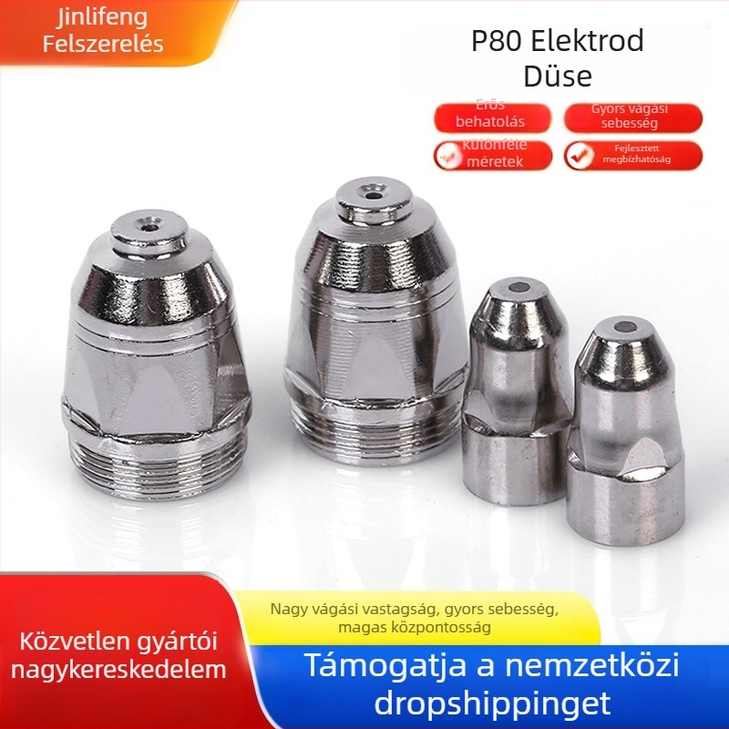 P80 plazma vágó fúvóka szett – fúvóka és elektróda vágópisztolyhoz, kompatibilis szénacélhoz, rozsdamentes acélhoz, rézhez és alumíniumhoz